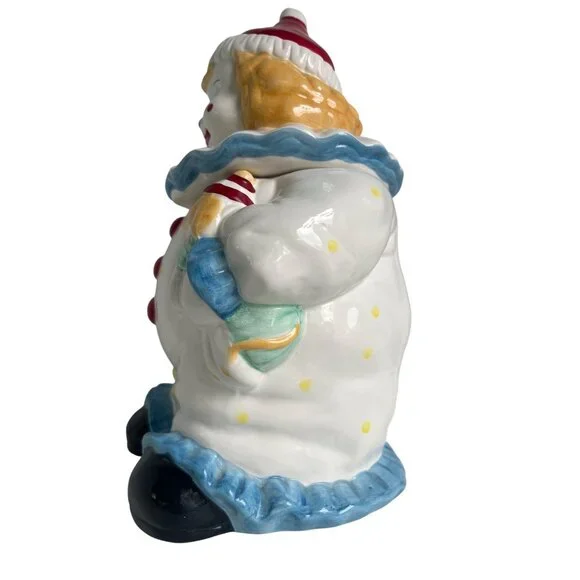 Vtg Ceramic Blond Clown Cookie Jar Red HatPolka Dot Outfit Stars Puppy Thailan